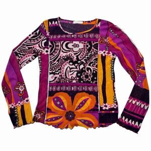 Promod France Women’s Multicolored Mesh Long Sleeve Top Size Large Euro Y2K